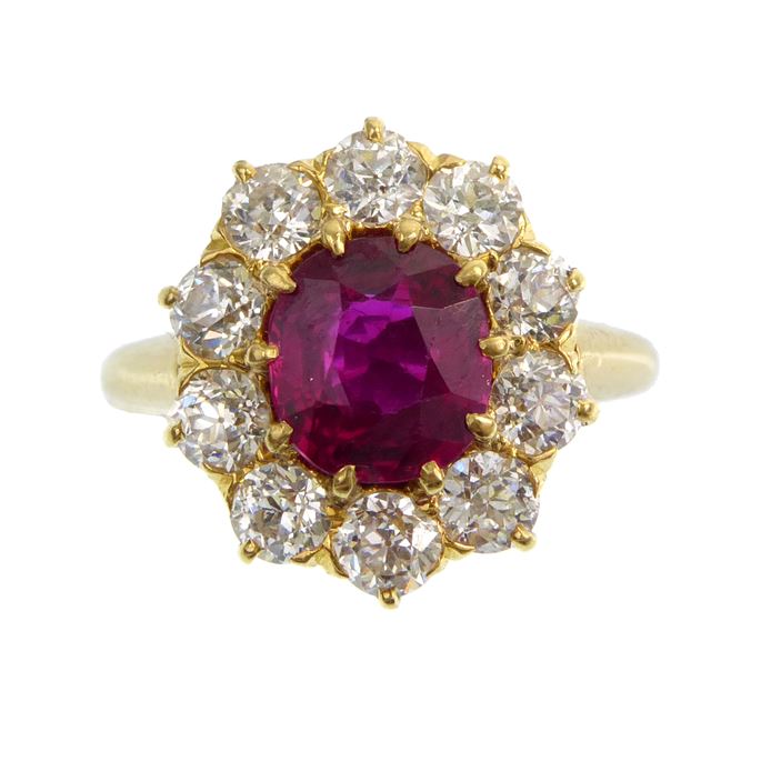 Cushion cut ruby and diamond cluster ring | MasterArt
